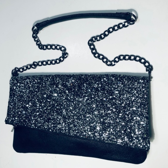 Express Clutch Black Fold-over Sparkly Leather - Picture 1 of 8